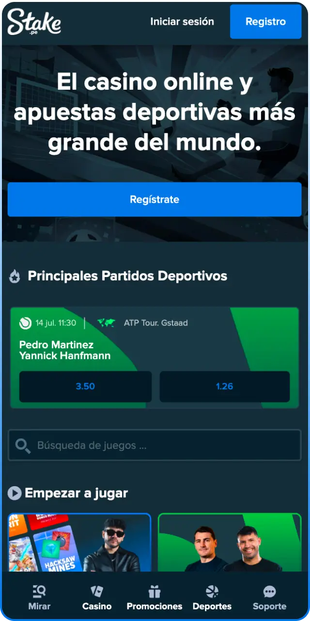 Explora la interfaz de la página principal en la App de Stake y apuesta hoy.