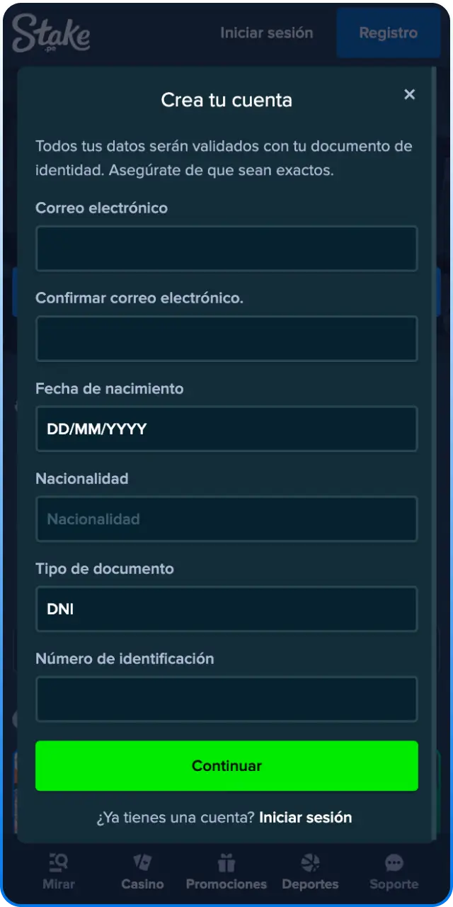 Completa tu registro de forma rápida y segura en la App de Stake.