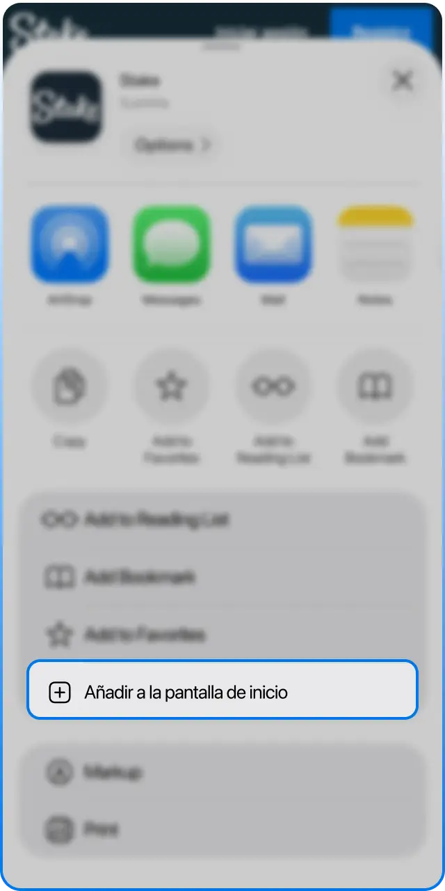 Selecciona la opción de añadir a la pantalla de inicio en tu iPhone para instalar Stake.