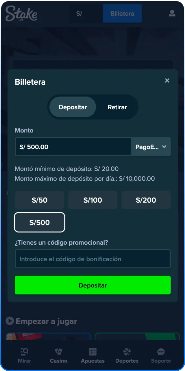 Realiza tu primer depósito en Stake para asegurar tu bono de bienvenida.