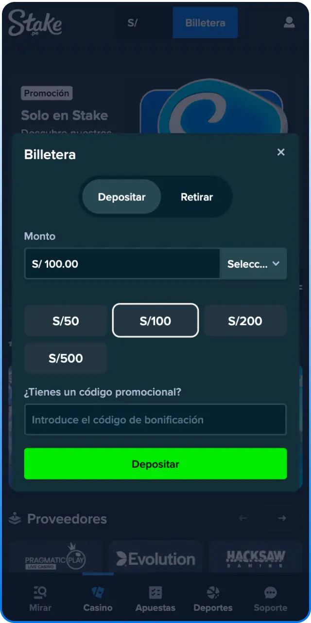 Realiza tu primer depósito de forma segura en el casino en vivo de Stake.