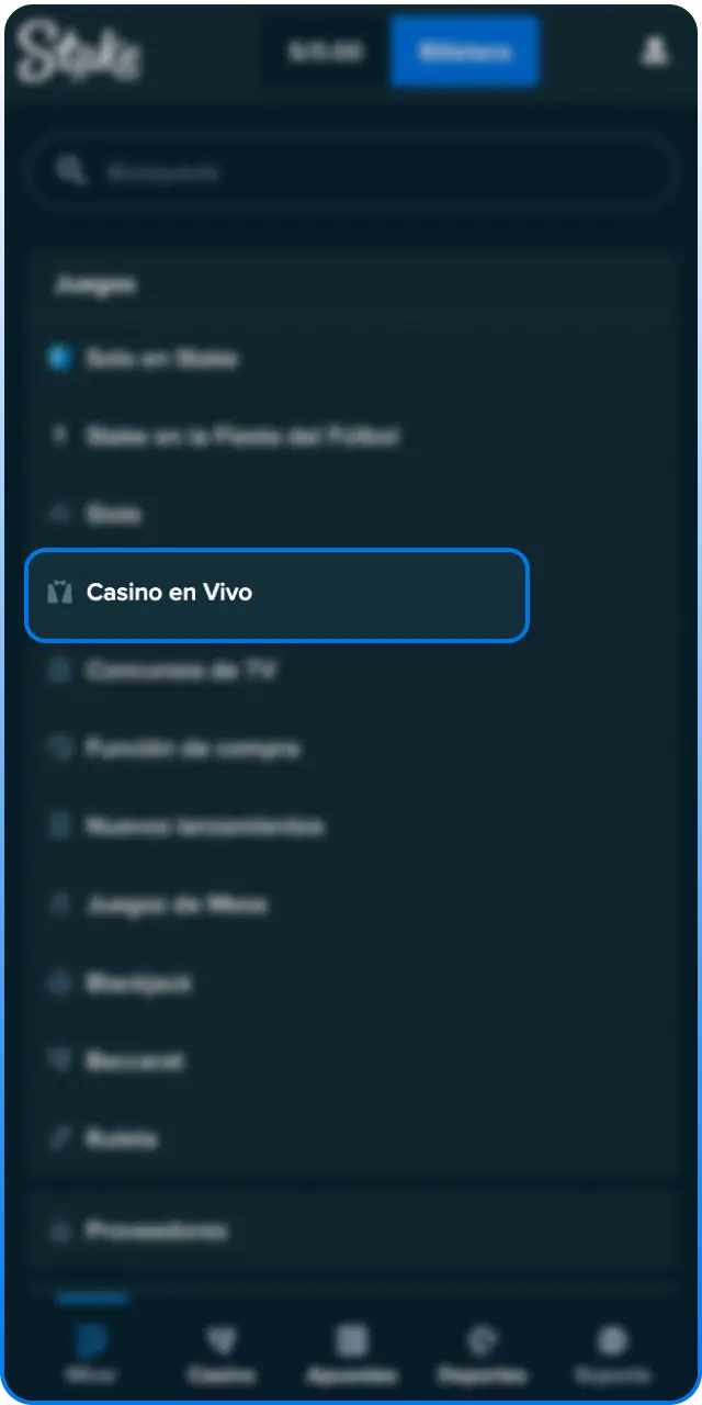 Navega de inmediato a la sección de casino en vivo de Stake.