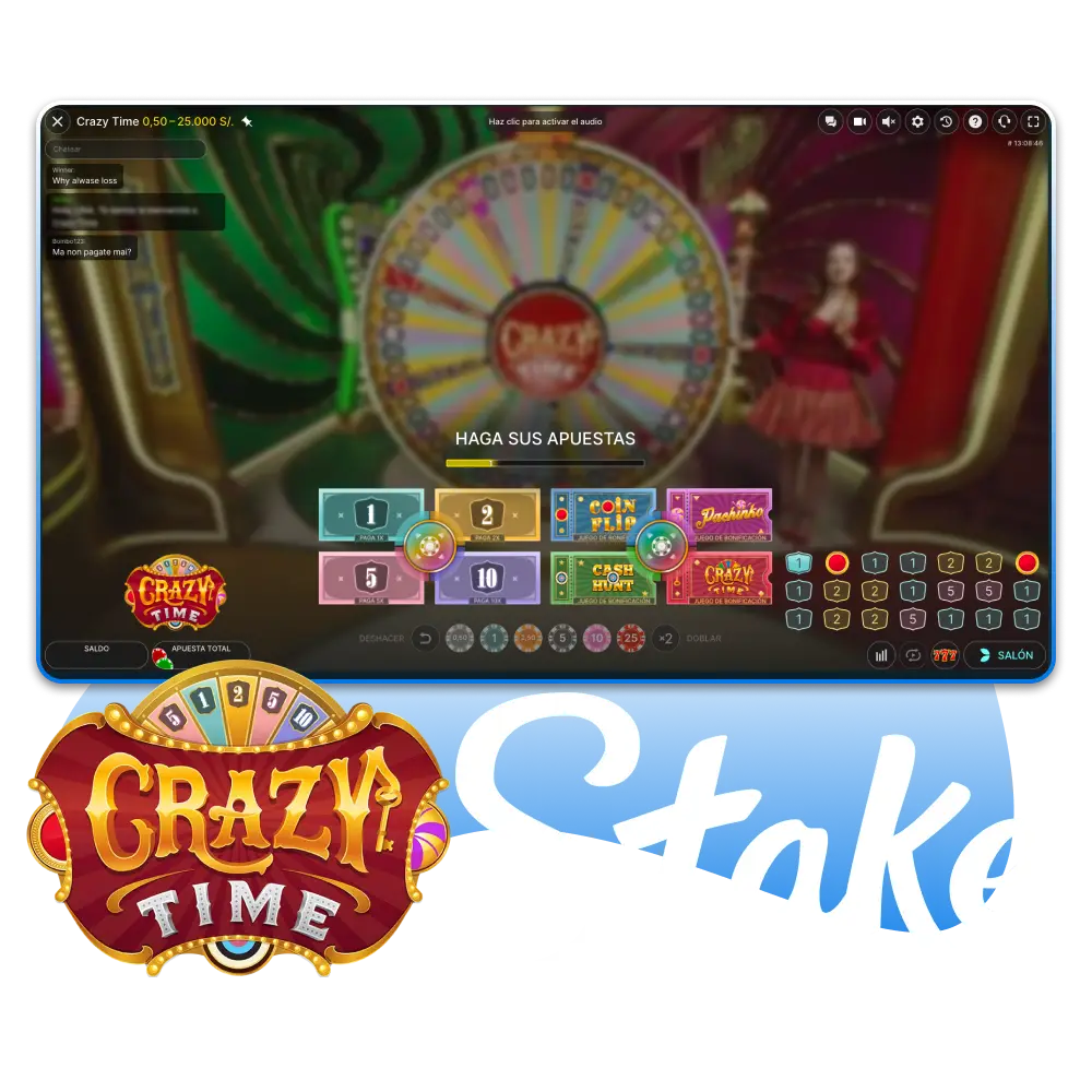 Registra una cuenta en Stake para jugar Crazy Time con dinero real desde Perú.