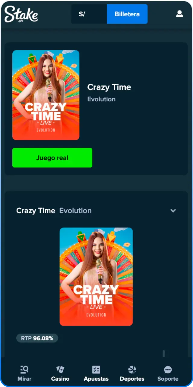 Abre la sección de casino en Stake e inicia Crazy Time.