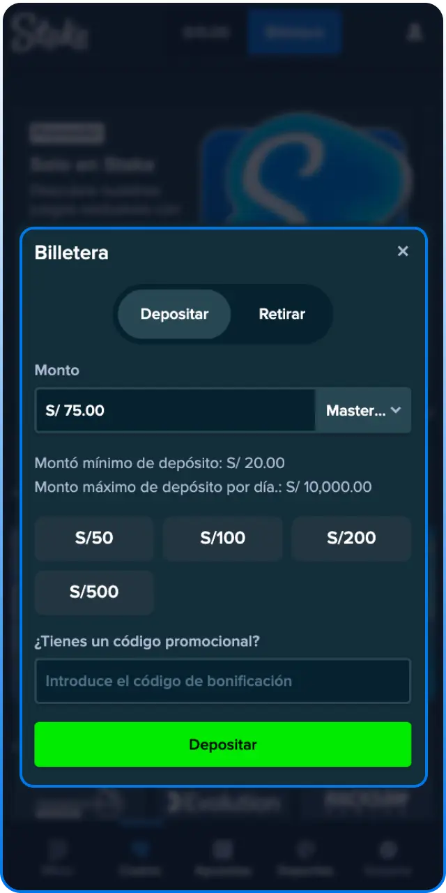 Realiza tu primer depósito de dinero en Stake para Crazy Time.