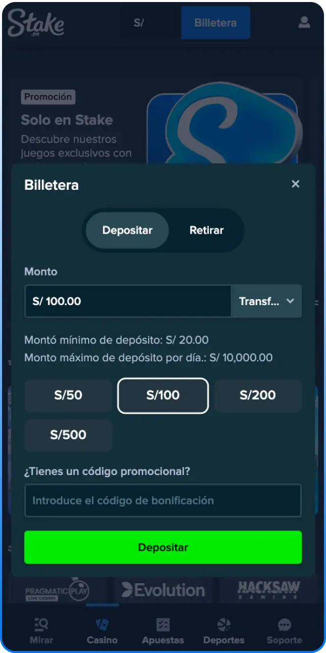 Realiza tu primer depósito de saldo para jugar a Gems Bonanza en Stake.