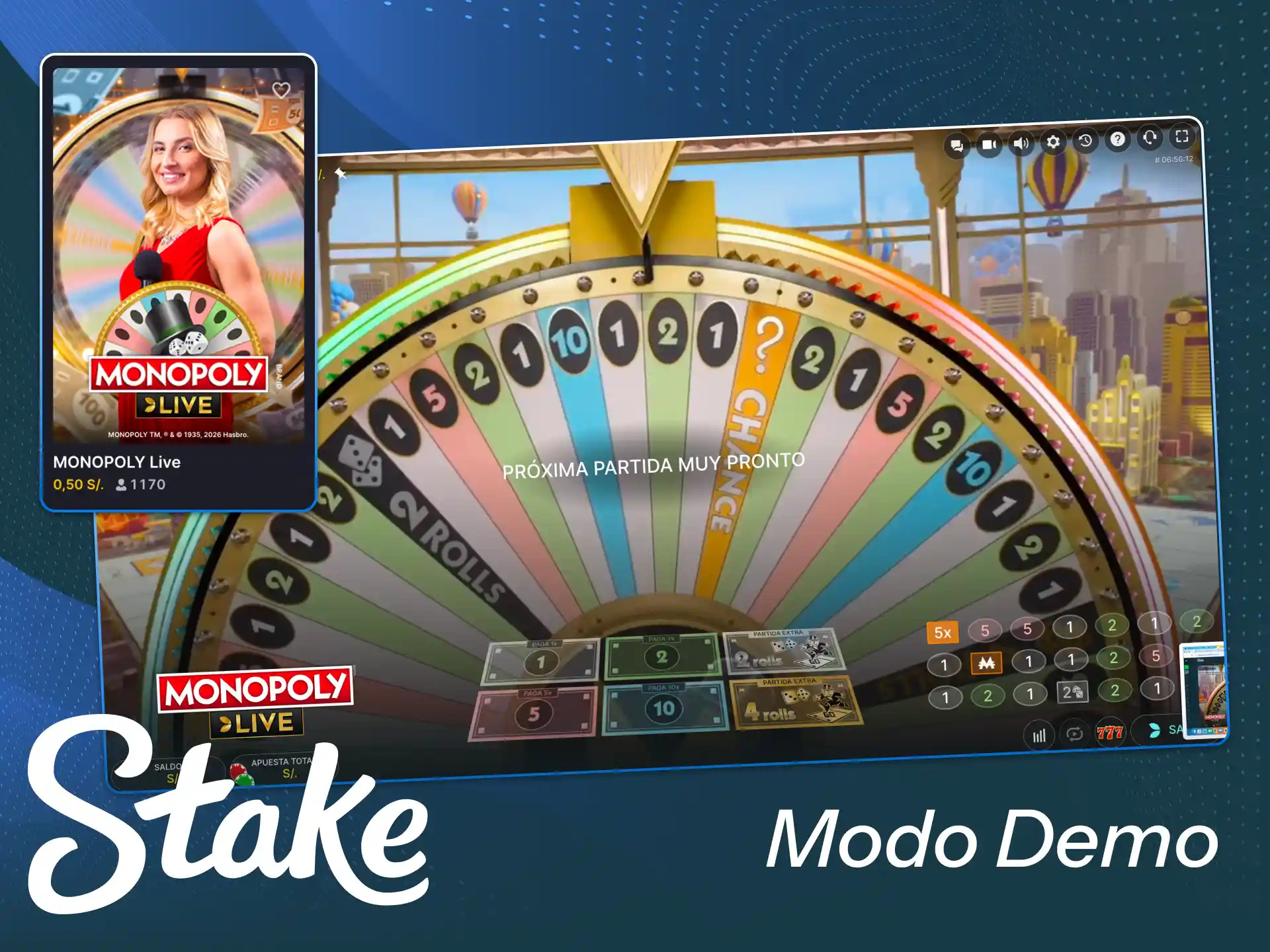 Prueba el entretenido juego en vivo Monopoly Live en modo demo gratis con Stake.