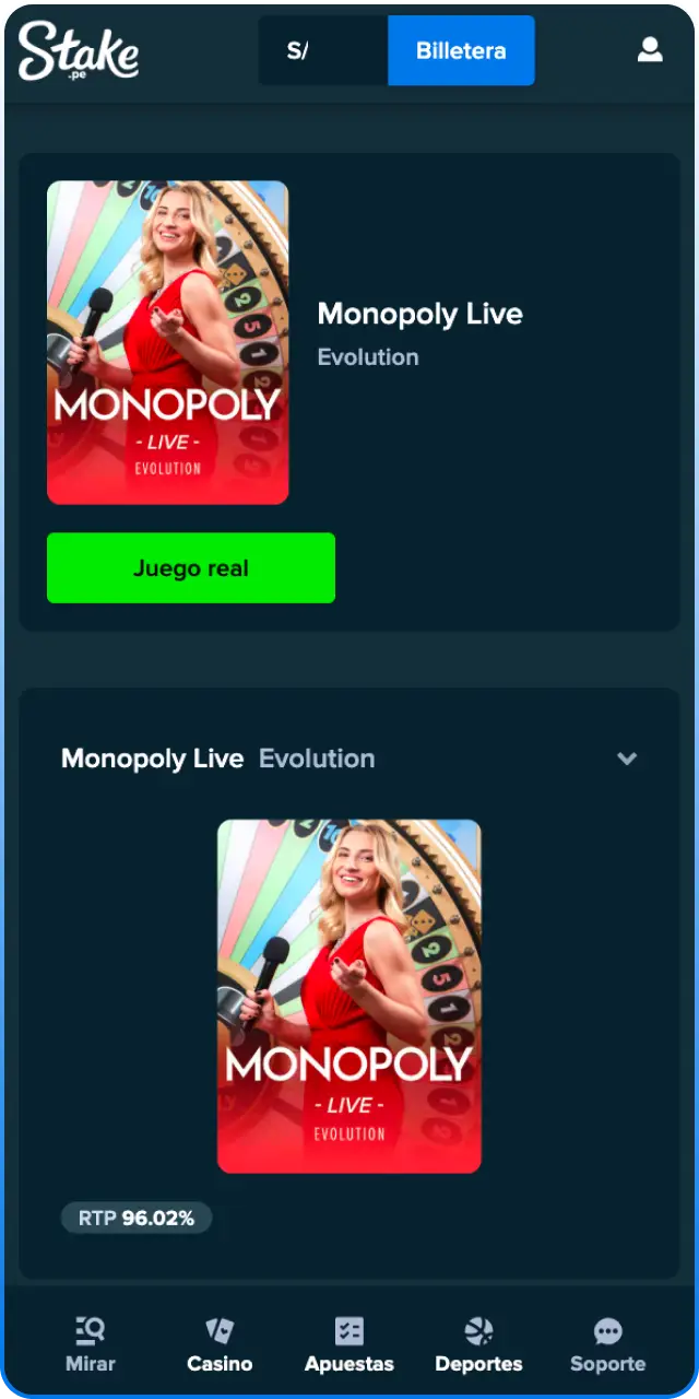 Lanza el juego Monopoly Live en la sección de casino de Stake.