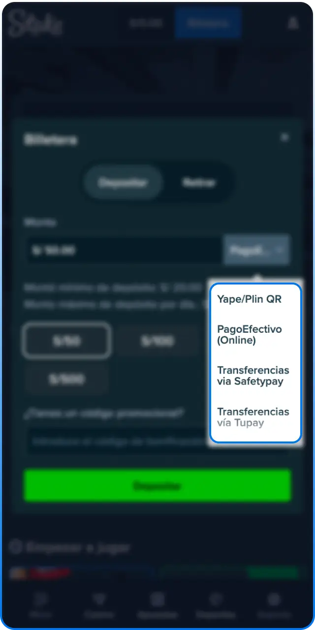 Elige tu método de depósito favorito para tus pagos en Stake.