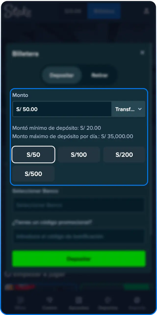 Define el monto a transferir en tu sección de pagos de Stake.