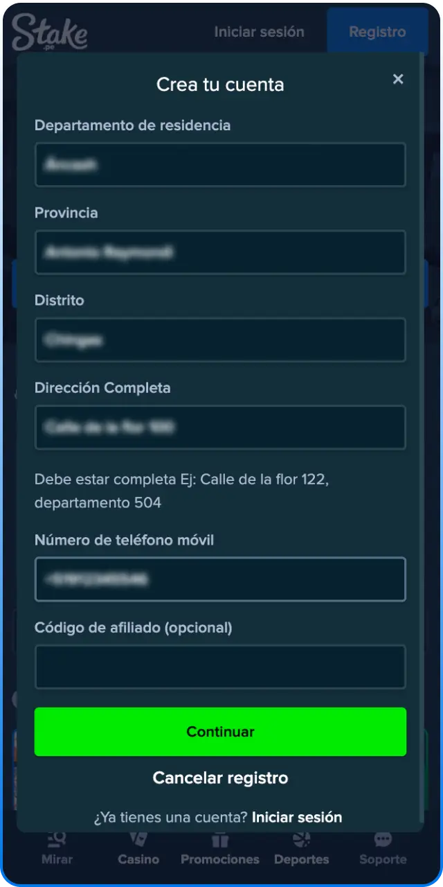 Registra tu cuenta nueva para realizar depósitos y pagos en Stake.