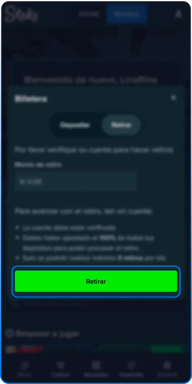Envía la solicitud para procesar el retiro seguro de dinero en Stake.
