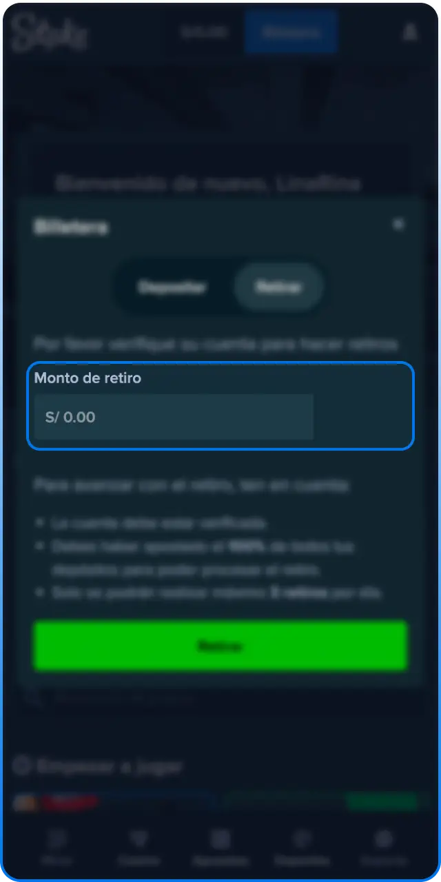 Elige el monto que deseas retirar de tu cuenta en Stake.