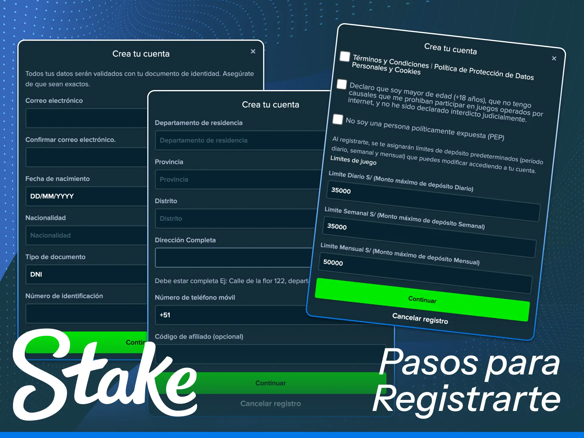 Sigue los pasos de registro en Stake para crear tu cuenta rápidamente.