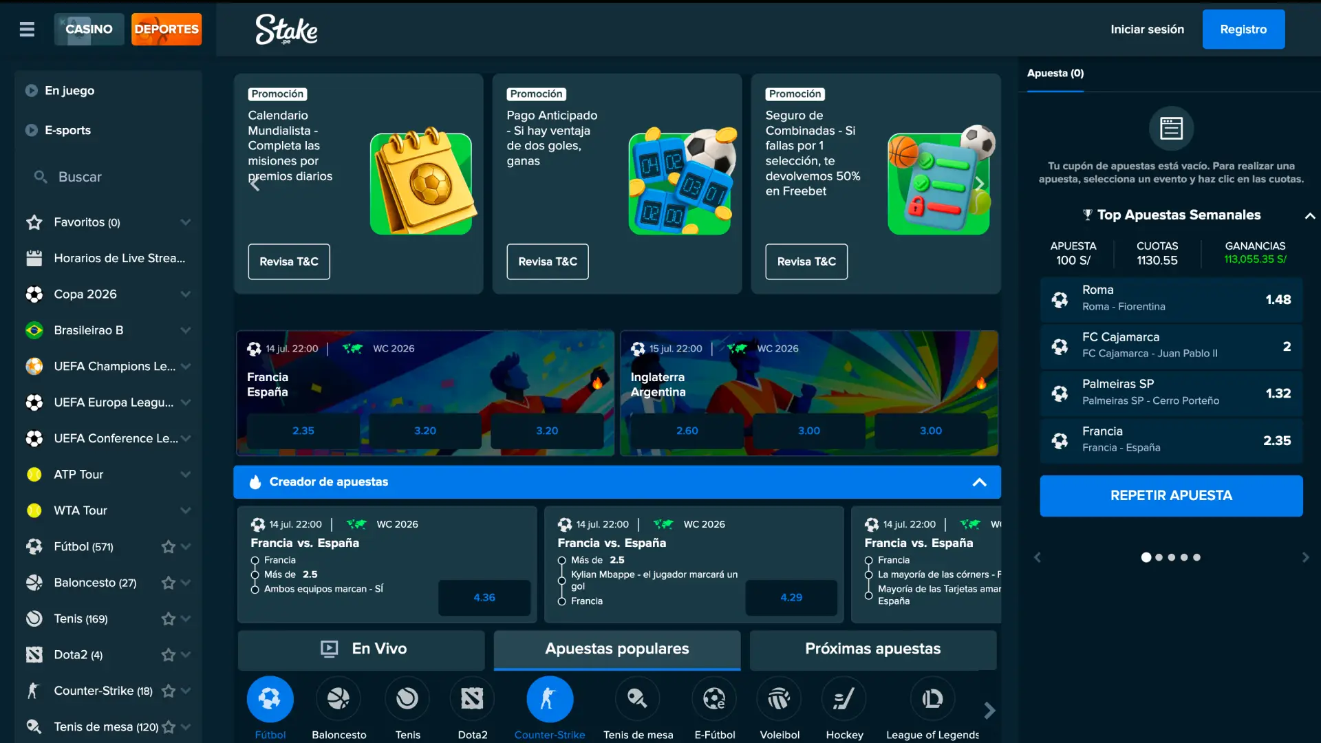 Realiza apuestas deportivas en Stake con las cuotas más competitivas del mercado.