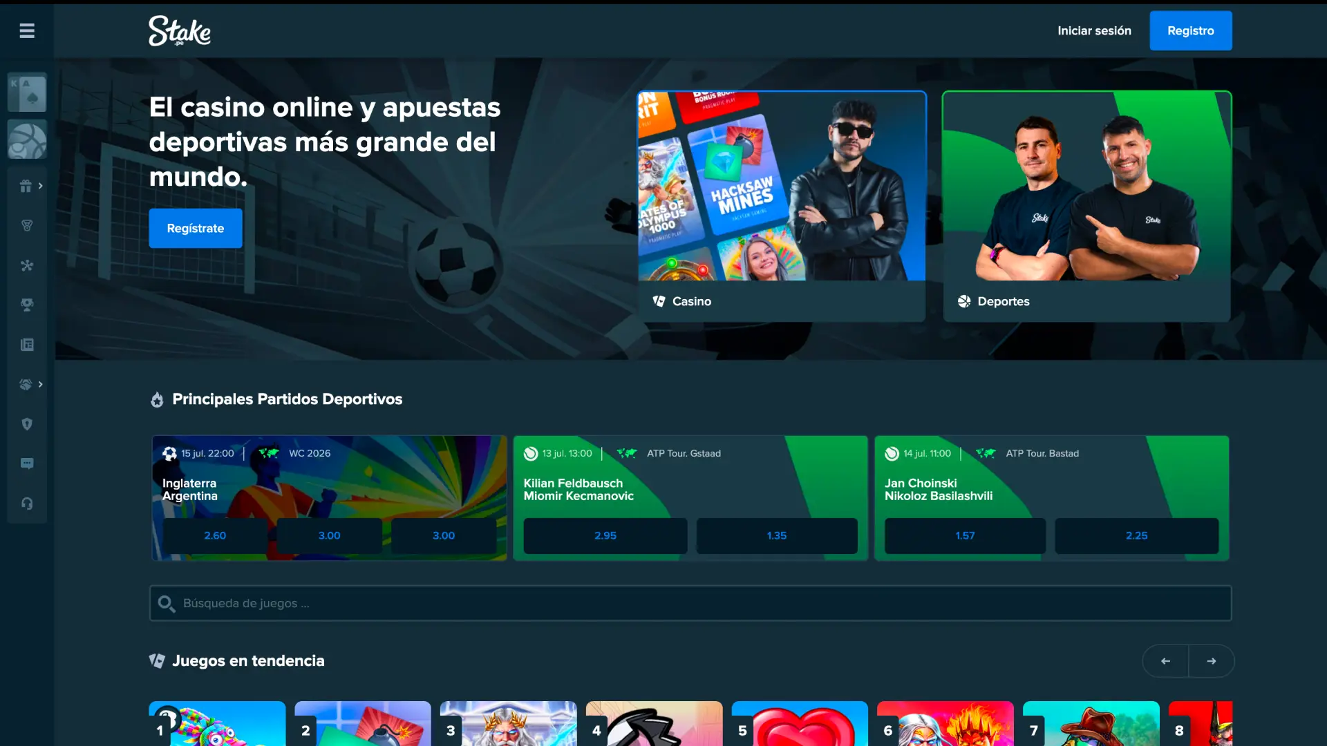 Descubre la interfaz amigable de la página principal de Stake para tus apuestas.