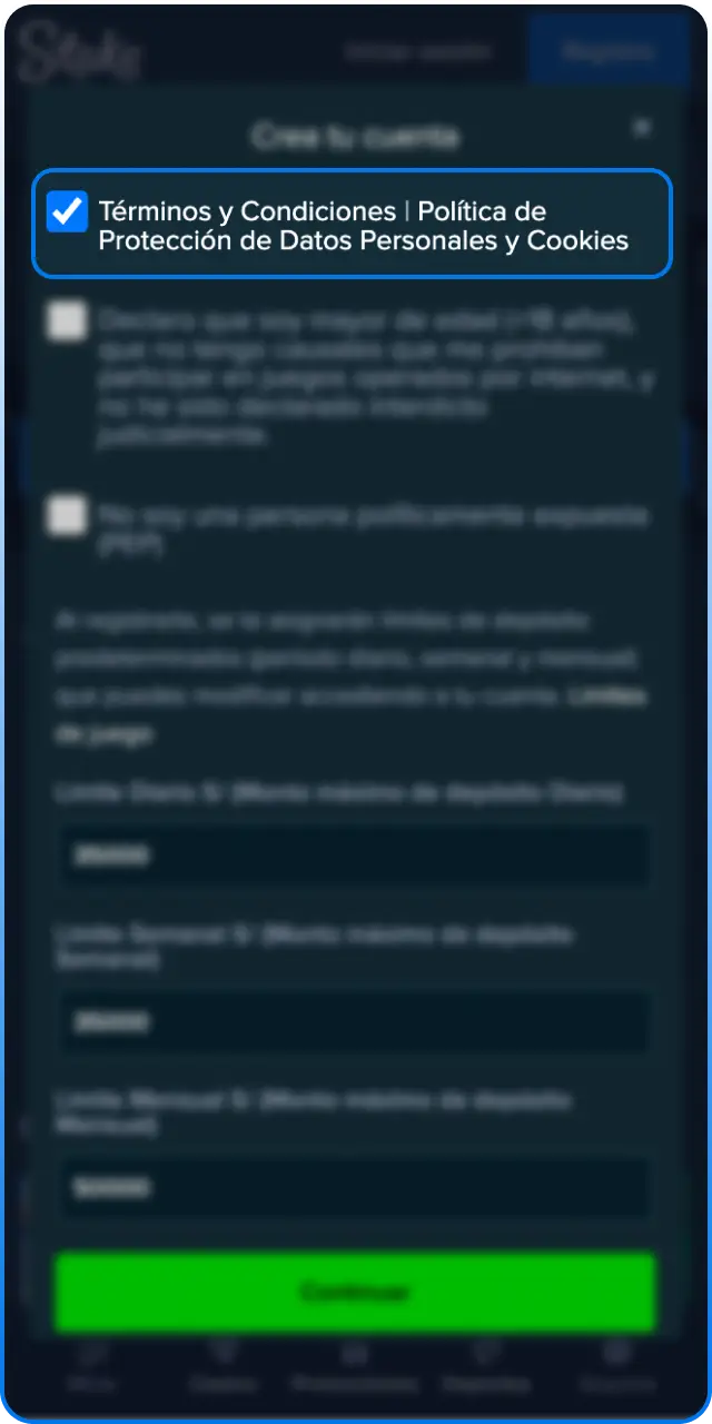 Lee y acepta las condiciones de servicio para tu registro en Stake.
