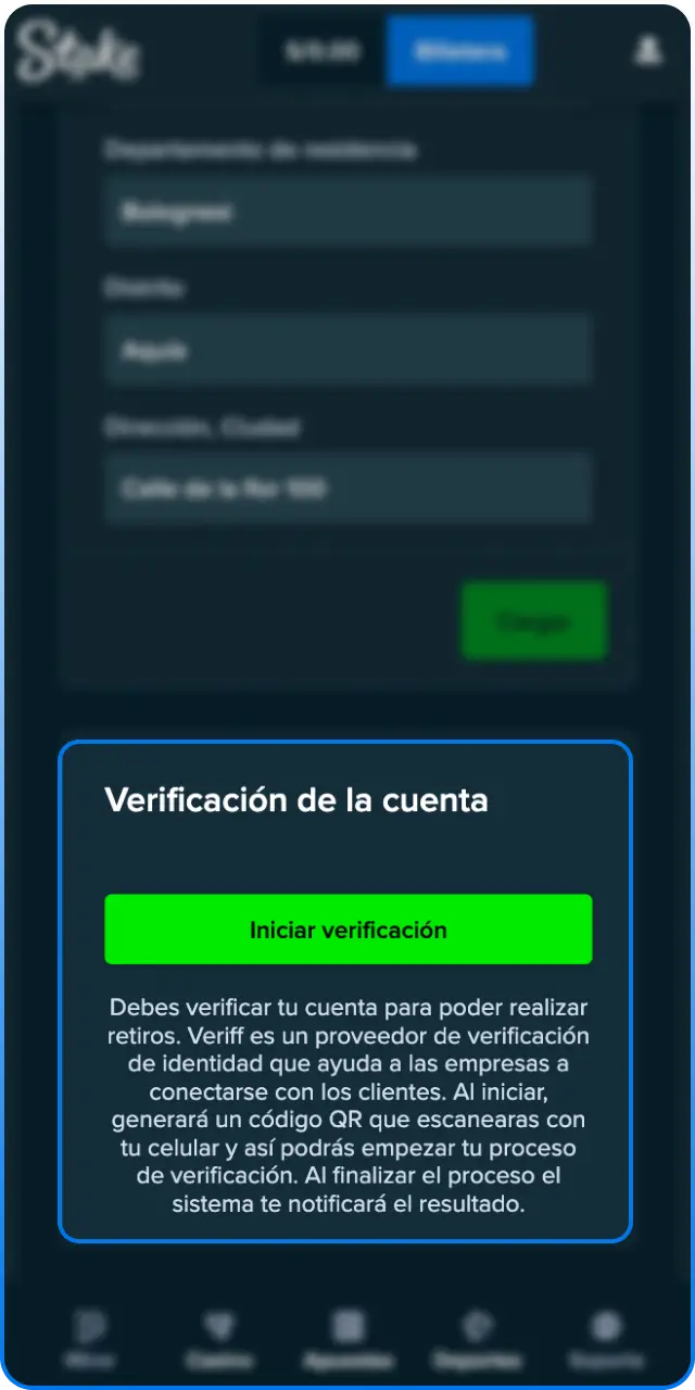 Sube una foto de tu documento oficial de verificación en Stake.