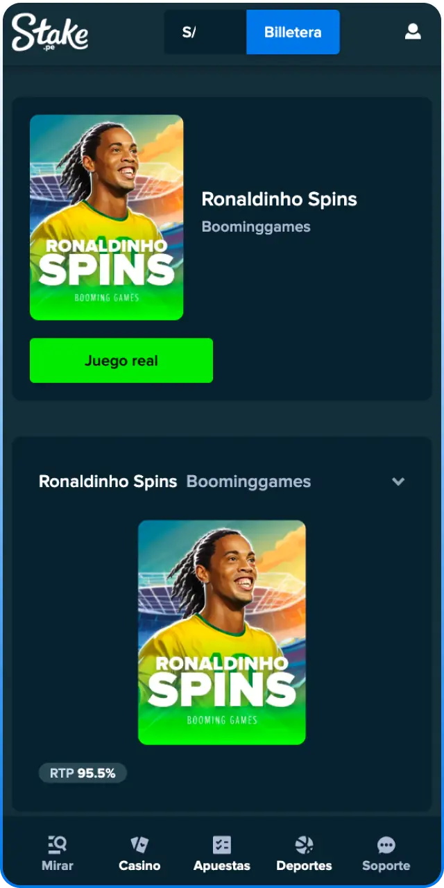 Busca el juego Ronaldinho Spins en el casino de Stake ahora.