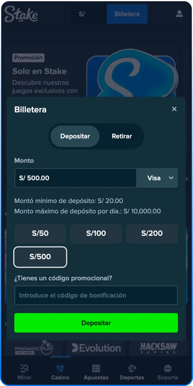 Realiza tu primer depósito en Stake para jugar a Ronaldinho Spins.