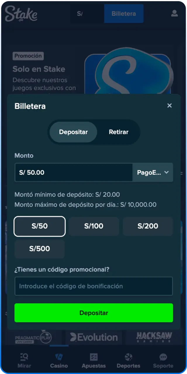 Realiza tu primer depósito en Stake para jugar a Sweet Fiesta.